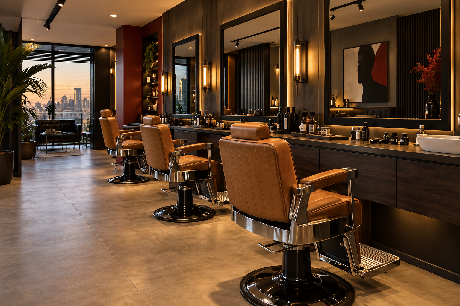 Interior contemporâneo da Barbearia Nobre