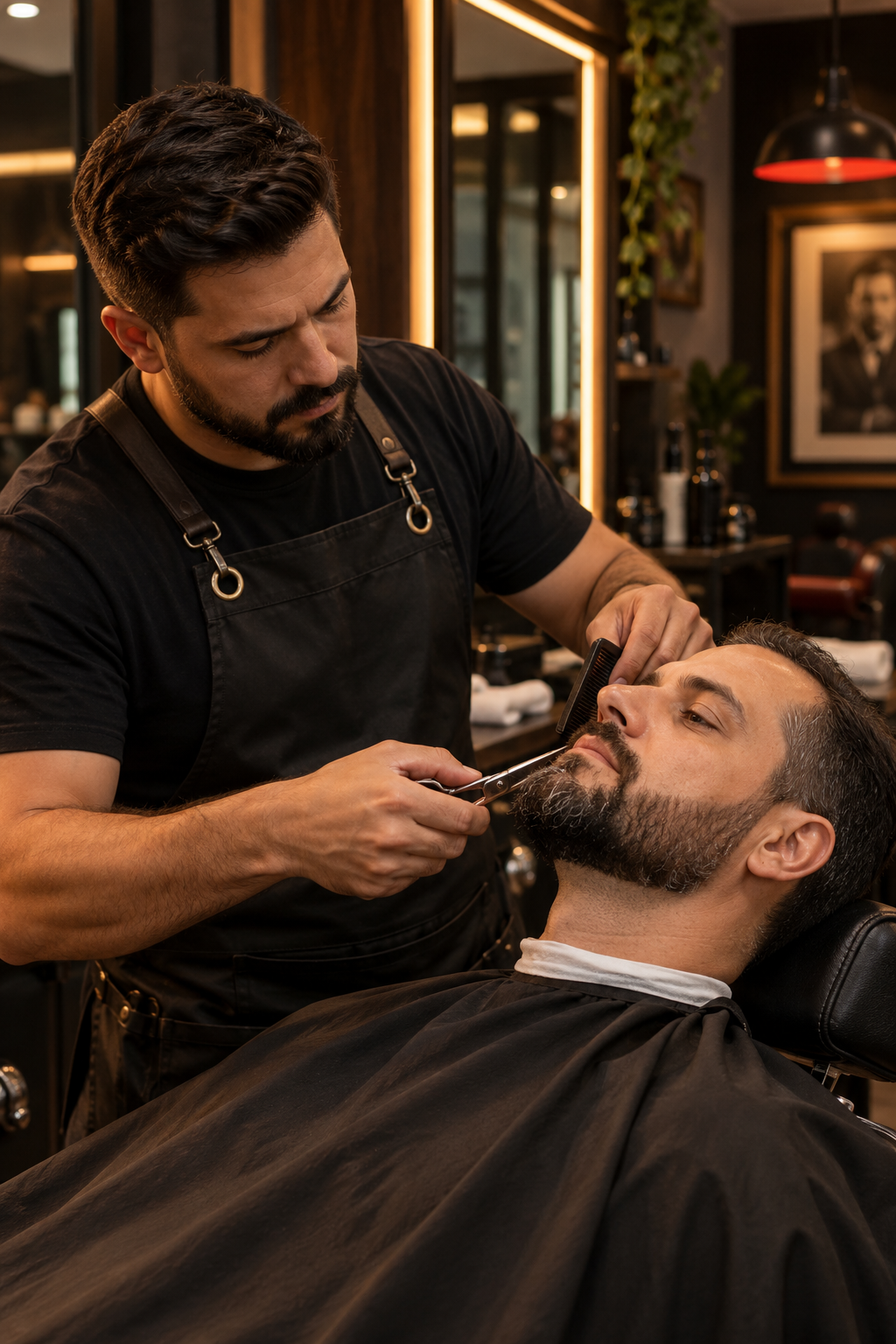 Barbeiro realizando acabamento de barba