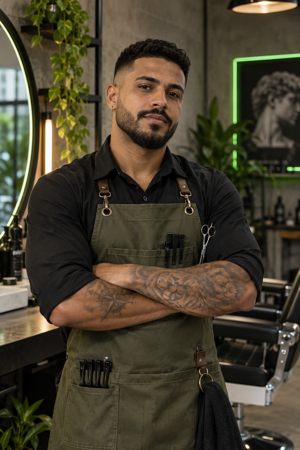 Rafael, barbeiro profissional, em estúdio urbano