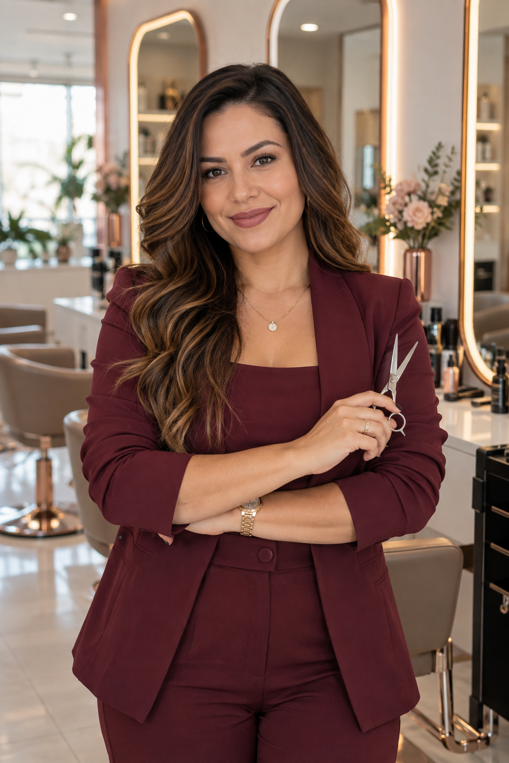 Elisa, cabeleireira profissional, em salão elegante