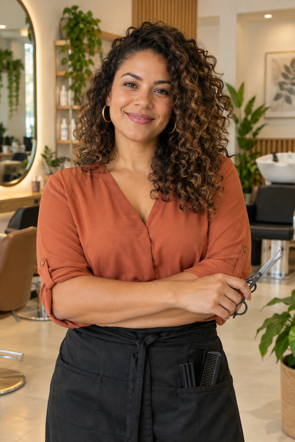 Lívia, profissional de beleza, em salão contemporâneo